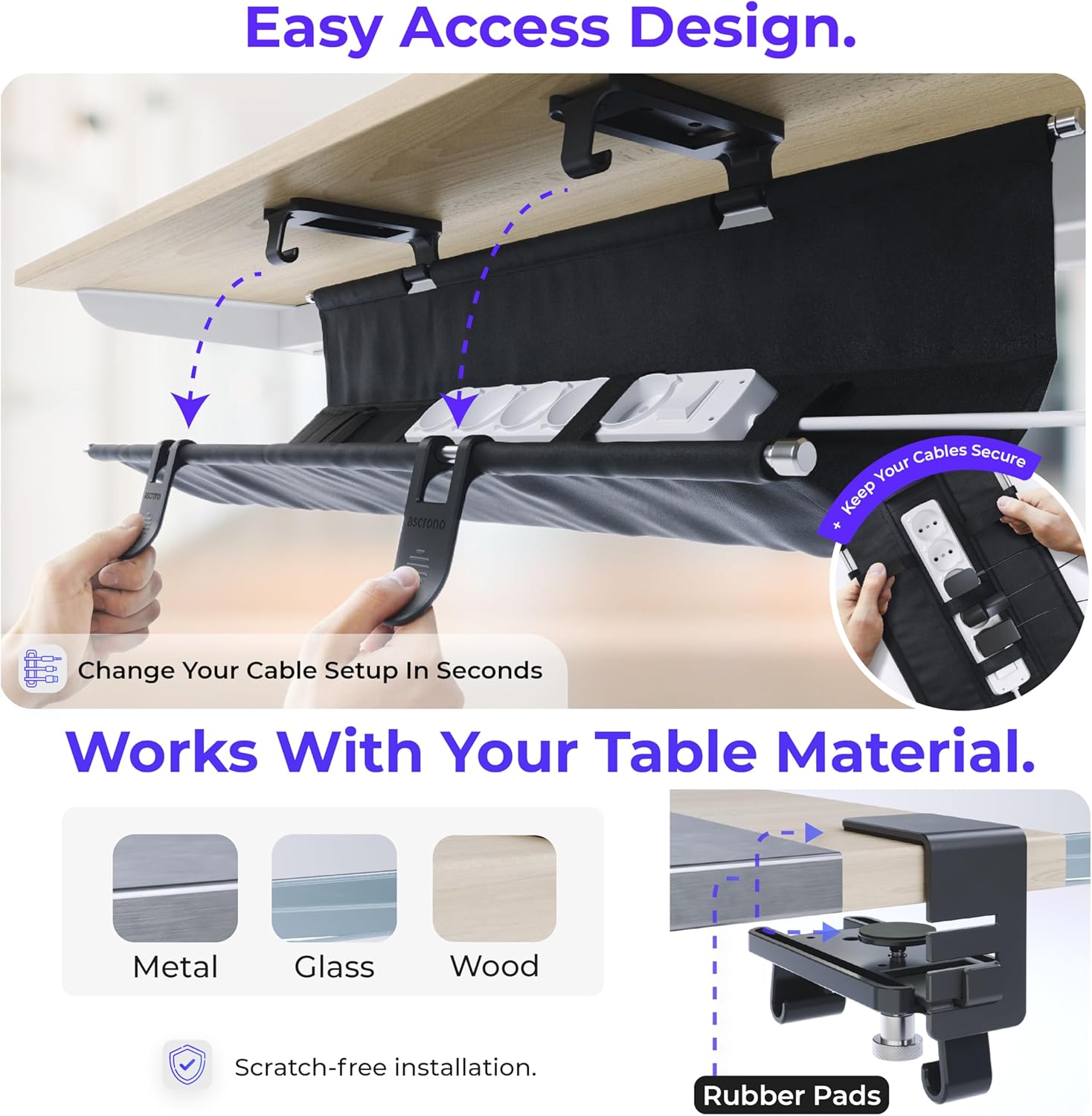 Original No Drill Under Desk Cable Management Tray 40.6" - Premium Black Fabric Cable Management Under Desk - Clamp/Screw Mount Cord Organizer - Supports Upto 66lbs - Large