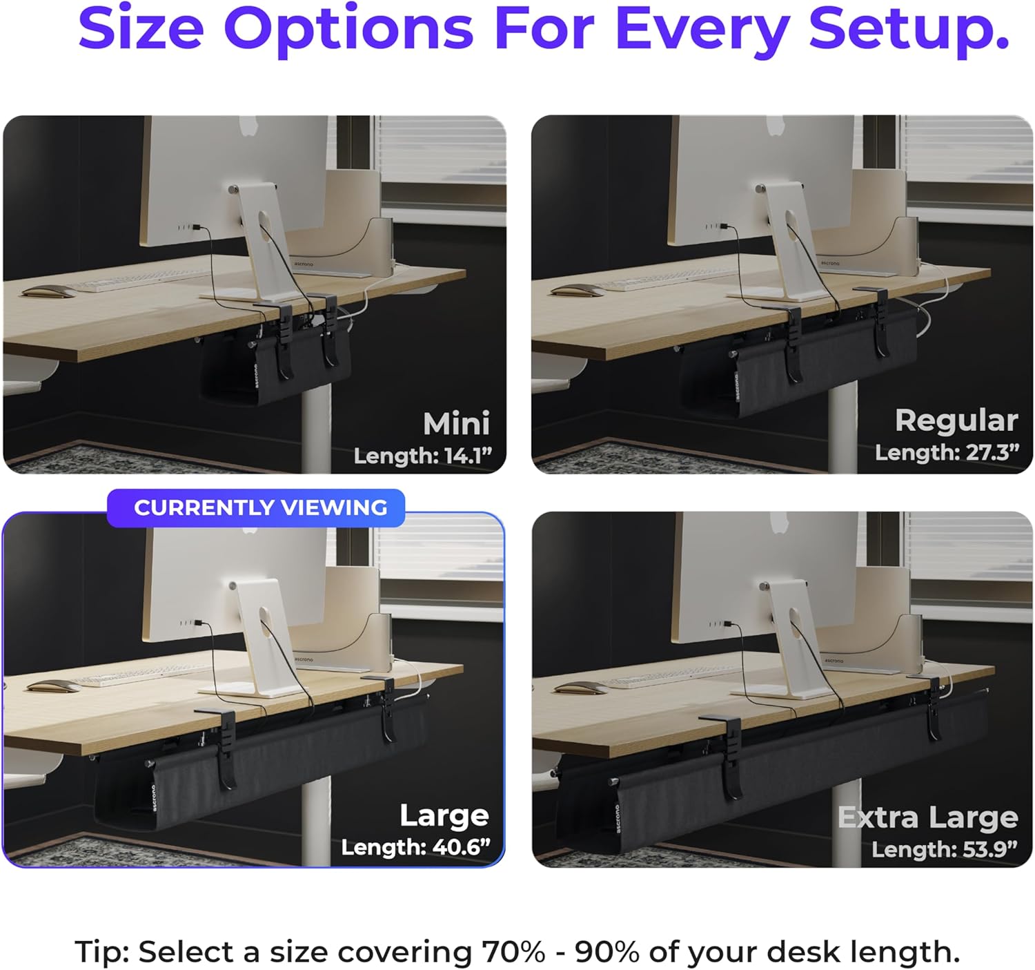 Original No Drill Under Desk Cable Management Tray 40.6" - Premium Black Fabric Cable Management Under Desk - Clamp/Screw Mount Cord Organizer - Supports Upto 66lbs - Large