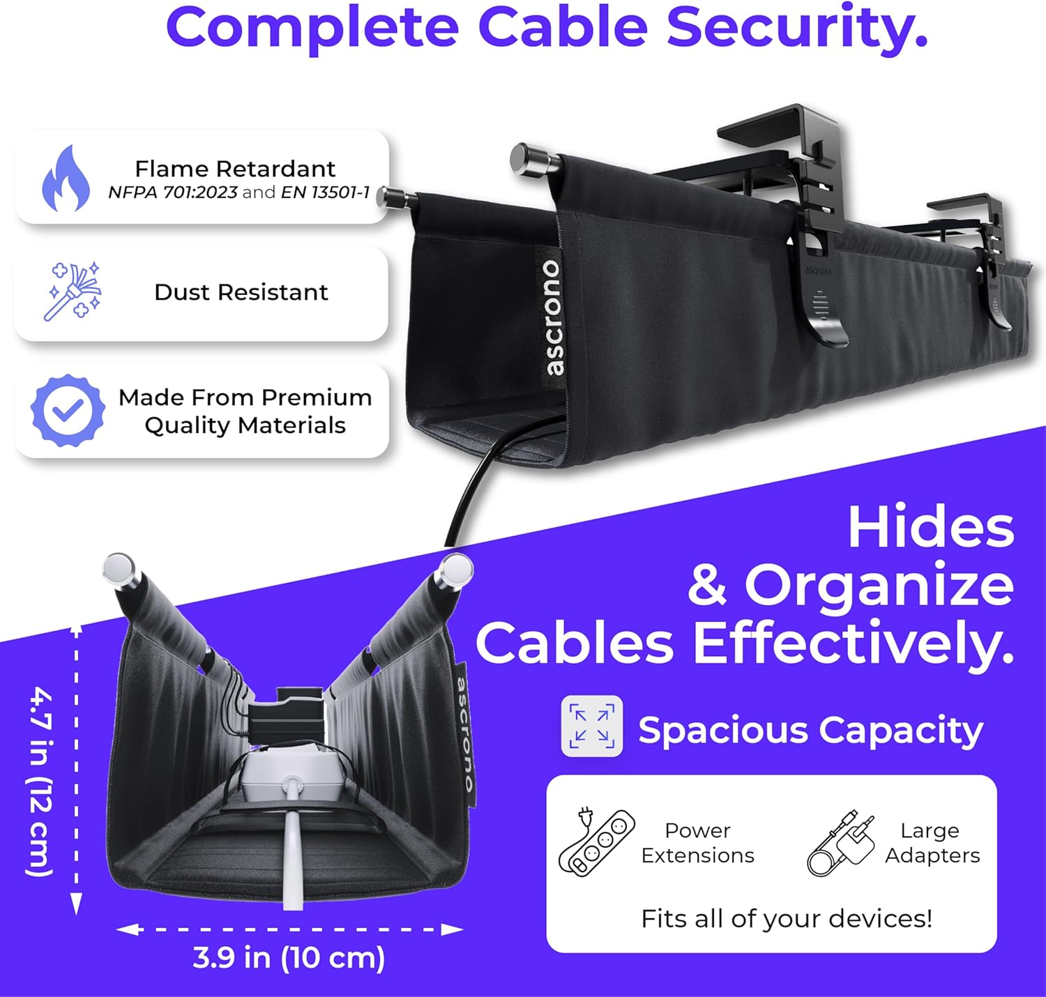 Original No Drill Under Desk Cable Management Tray 40.6" - Premium Black Fabric Cable Management Under Desk - Clamp/Screw Mount Cord Organizer - Supports Upto 66lbs - Large